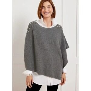 Talbots Cotton Blend Soft Stone Decoration Embellished Poncho Gray Size XS/S NWT